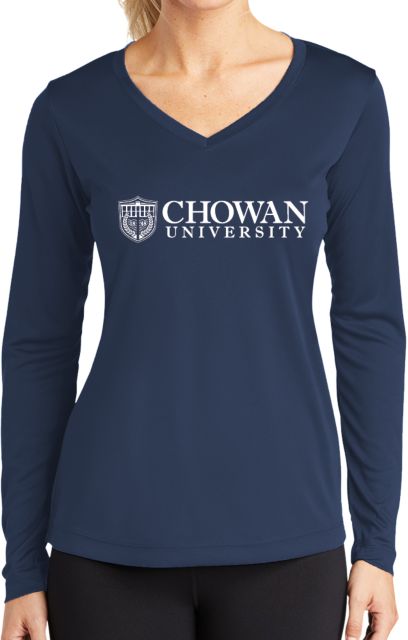 Chowan Womens Performance Long Sleeve V Neck Shirt Horizontal Primary Mark - ONLINE ONLY